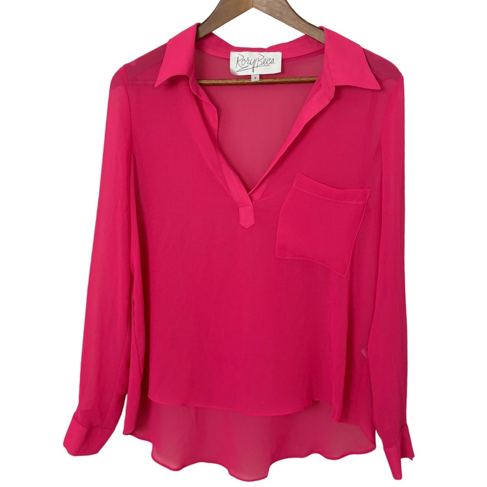 Rory Beca Blouse Womens Size S Pink Rayon Georgette Sheer V-Neck Office‎ Barbie